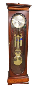  Lot 525 WK Sessions, grandfather clock working made in Germany, mahogany and burl walnut case with beveled glass, keys, weights and pendulum