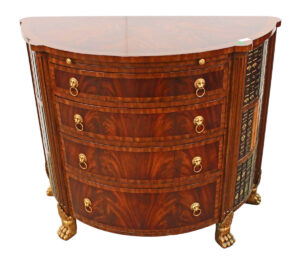  Lot 512 Beautiful Maitland Smith 4 drawer burl mahogany and banded demilune chest with faux book sides, pull out leather top tray, and bronze feet