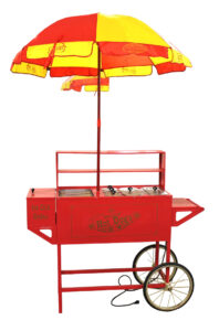  Lot 573 Nostalgic carnival style hot dog cooking and ice cream serving cart on wheels with umbrella