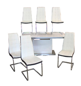  Lot 622 Very cool ultra modern 7 piece dining room set, table has stainless steel style base with 24