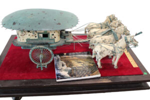  Lot 707 Vintage commissioned Asian Bronze Chariot of Emperor Quin Shi Huang's Mausoleum mounted on display board