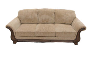  Lot 825 Like NEW upholstered sofa, hide-away bed, mahogany finish frame